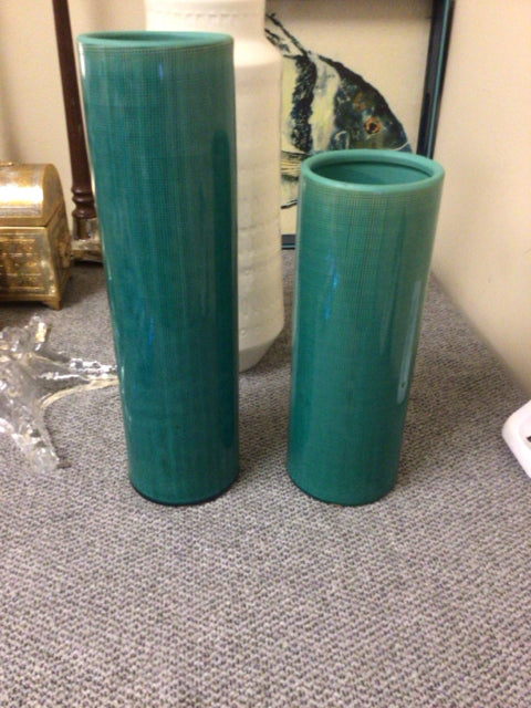 Pair Of Teal Cylinder Vases