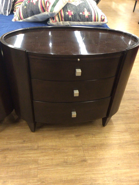 AS-IS Century Oval Dark Wood Three Drawer Nightstand(Chips/Scratches)