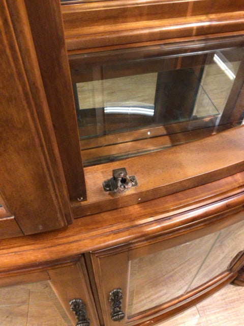 AS-IS Dark Wood Two Pc Glass Front China Cabinet(Cracks Around Top Trim)