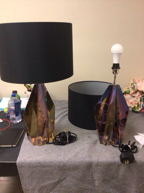 AS-IS Pair Of Eichholtz Setai Amber Crystal Glass Table Lamps W/Shades