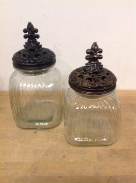 Set Of 2 Glass Jars W Ornate Lids