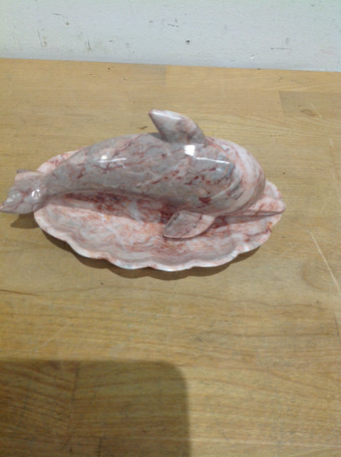 Pink Marble Shell Tray W Dolphin