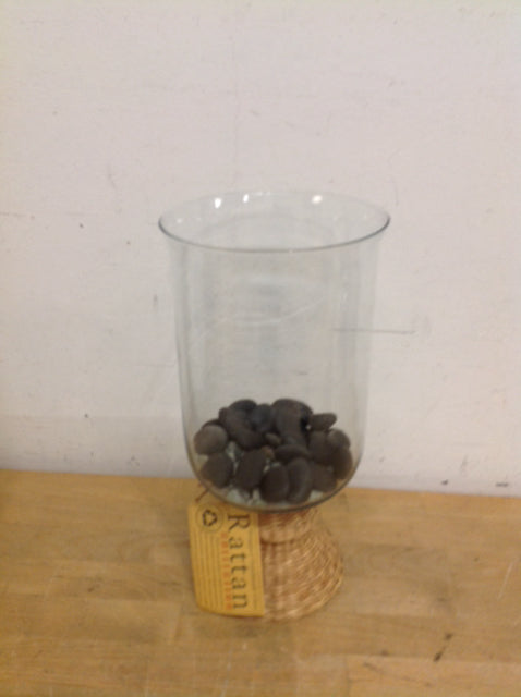 Vase- 12" Rattan & Glass W Stones