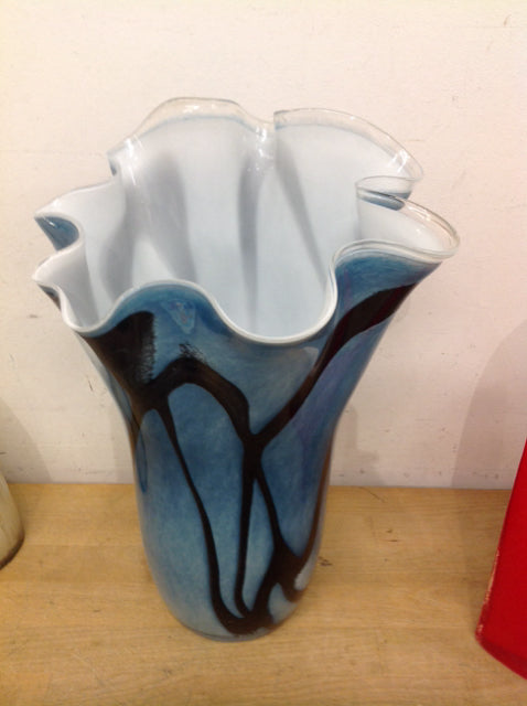 Vase- 15" Blue & Black Art Glass