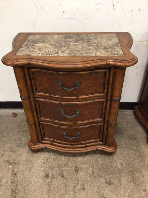Marble Insert Top Three Drawer Rattan Nightstand