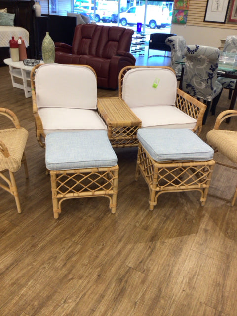 Serena & Lily Avalon Rattan Tete-a-Tete W/Two Avalon Rattan Stools