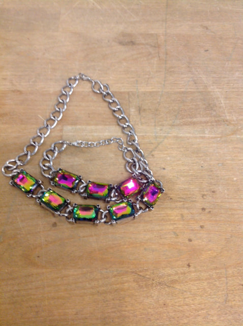 Necklace- Silver Green & Pink W Braclet