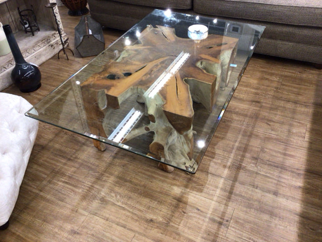 31 1/2" X 51" Birch Wood Beveled Glass Top Coffee Table