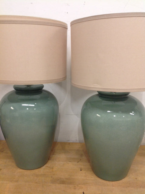 29" Pair Of Green Crackle Ceramic Lamps