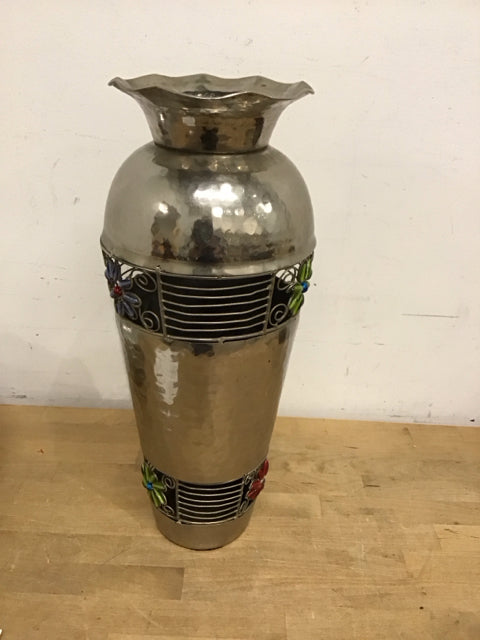 19" Silver Beaded Metal Vase