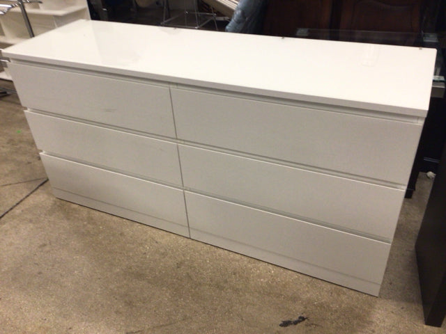 AS-IS Six Drawer White Glass Top Dresser