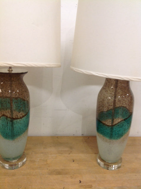 30" Pair Aqua & Brown Art Glass Lamps