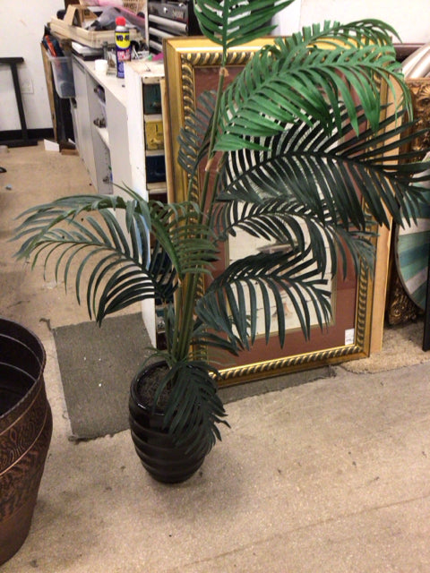 Faux Palm In Black Ceramic Ribbed Planter