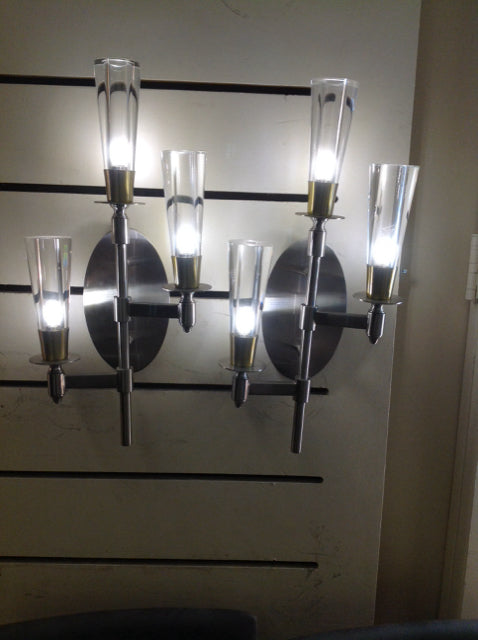 Set Of 2 Silver & Gold 3 Arm Glass Sconces