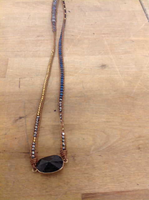 Necklace- Leather Beaded Stone