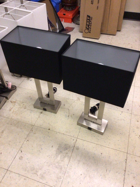Pair Of Metal USB Charging Table Lamps W/ Black Shades