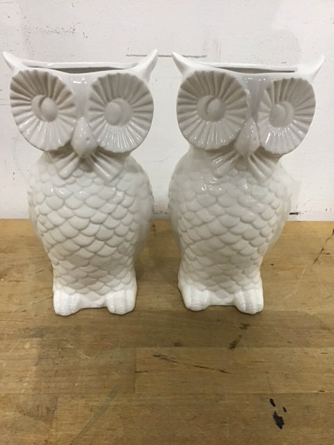 Pair Of 8" White Ceramic Owl Vases