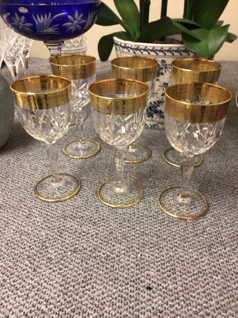 Set Of 6 Gold Trim Cut Glass Stemmed Glasses