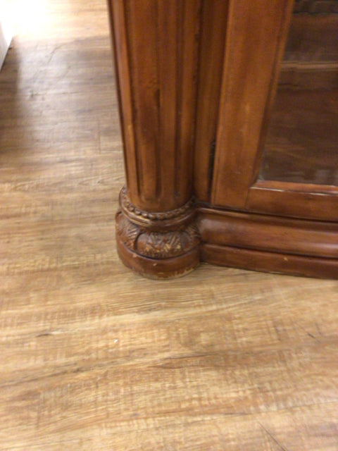 AS-IS Dark Wood Two Pc Glass Front China Cabinet(Cracks Around Top Trim)