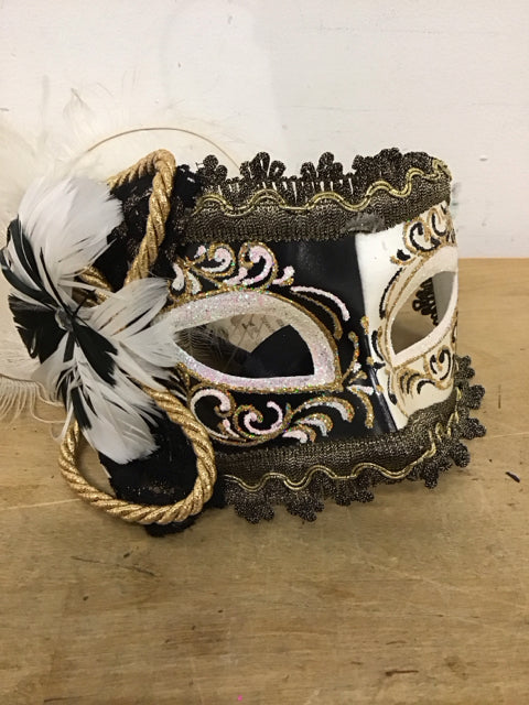 Black Gold White Metallic Feather Mask