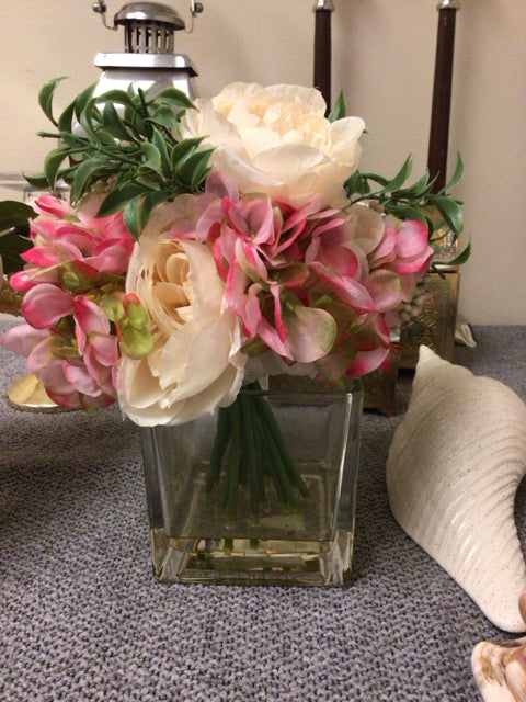 4 3/4" Faux Flowers In Clear Glass Vase