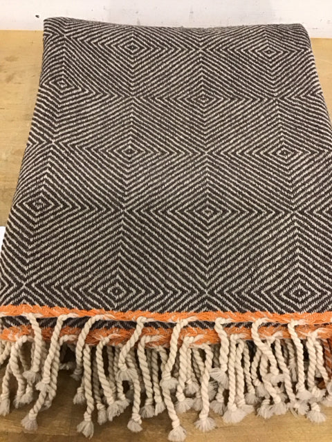 Brown & Beige Lambs Wool Geometric Print W/Fringe Throw