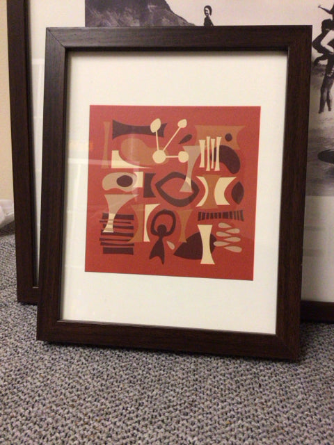 9 1/8" X 11 1/8" Brown Framed Red/Beige Abstract Print