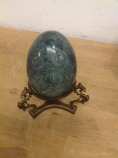 7" Green Marble Egg On Brass Stand