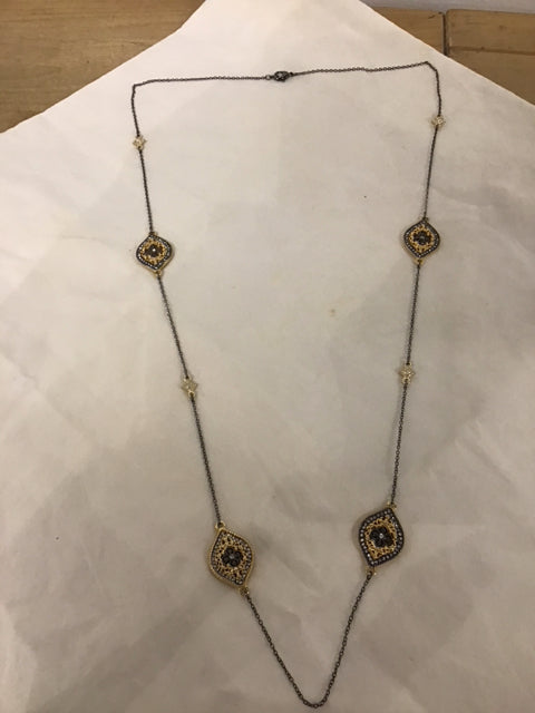 Oxidized Silvertone Necklace W/Goldtone Accent & Rhinestones