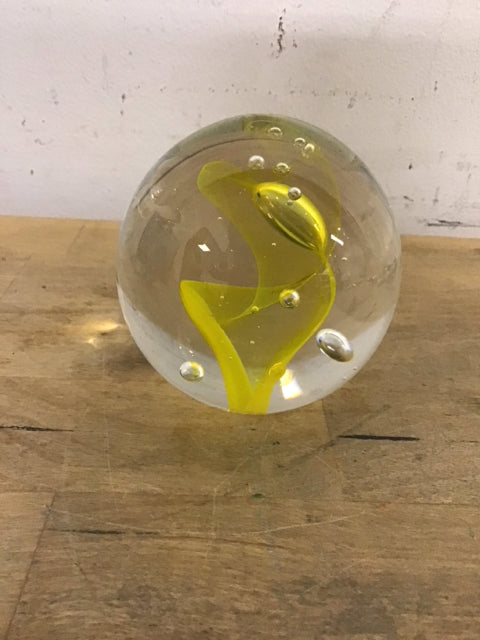 Art Glass With Yellow Design Paper Weight