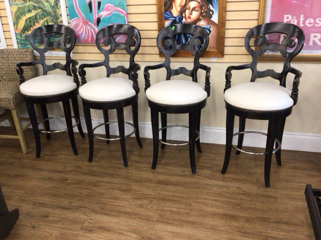 Set Of 4 Black Distressed White Leather Seat Bar Stools
