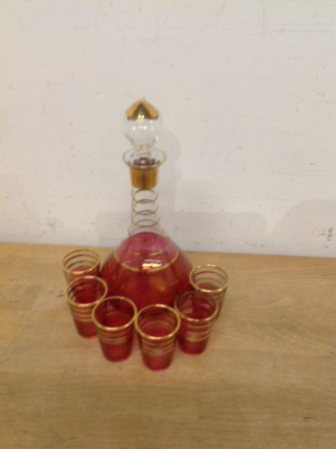 7 Pc Vintage Pink Glass Decanter Set