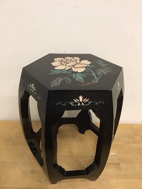 18" Black Carved Wooden Stool As Is