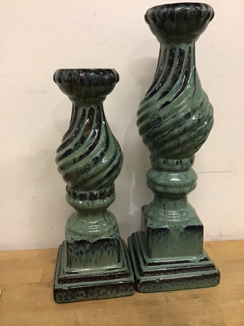 Pair Of Green Swirl Ceramic Candle Holders