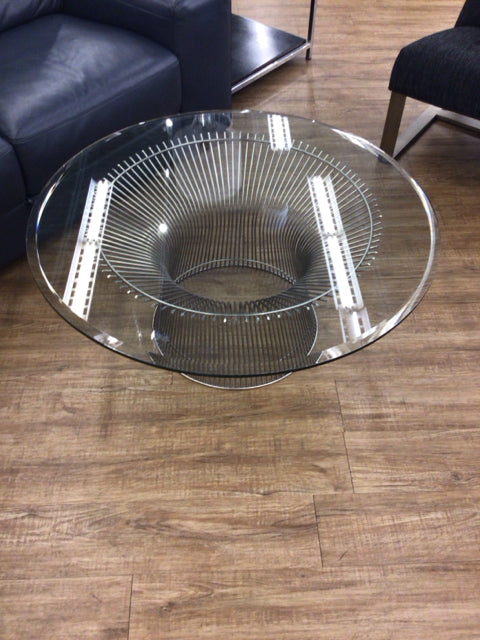 Round Beveled Glass Top Chrome Base Coffee Table