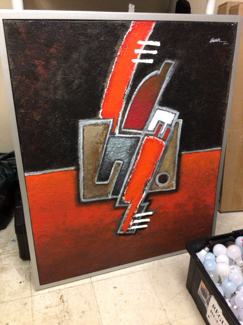 41 1/4" X 49 1/4" Grey Framed Red/Black Abstract On Canvas