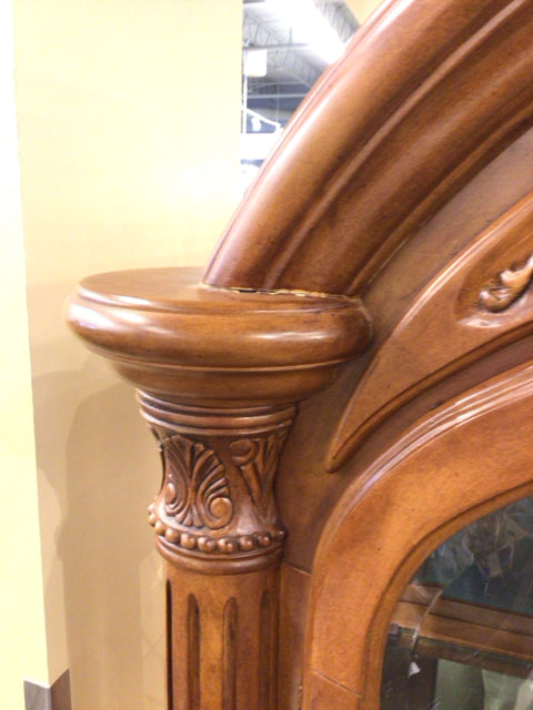 AS-IS Dark Wood Two Pc Glass Front China Cabinet(Cracks Around Top Trim)