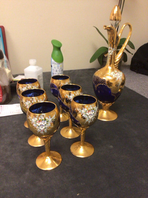 7 PC Trefuochi Murano Glass 24k Gold Painted Goblets & Decanter