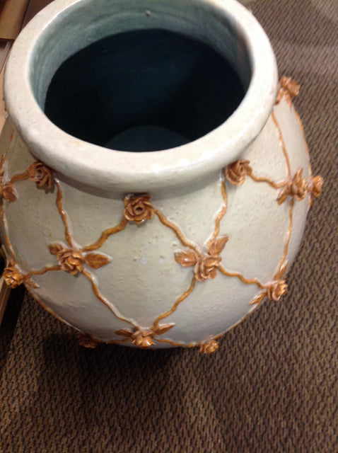 22" Ceramic Tan & Gold Flower Floor Vase