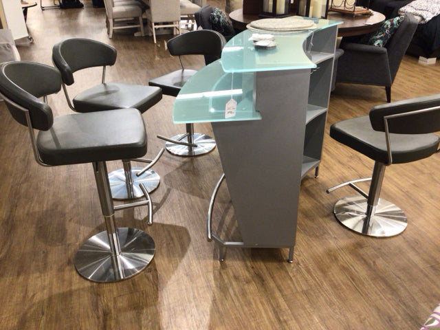 Set Of 4 Brown Leather & Chrome Adjustable Bar Stools