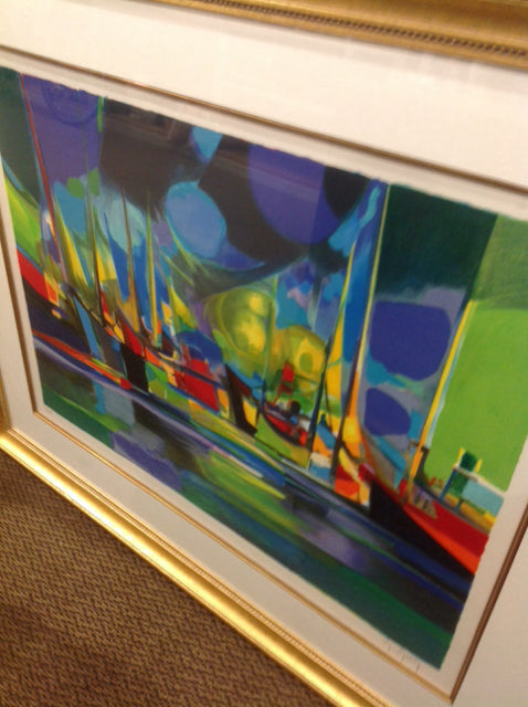 39" X 48" Signed Marcel Mouly Abstract Boats