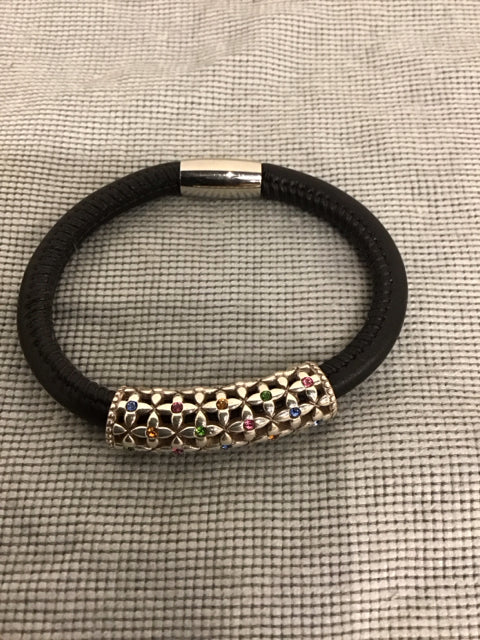 Black Leather Bracelet W/Silver Lattice Bracelet