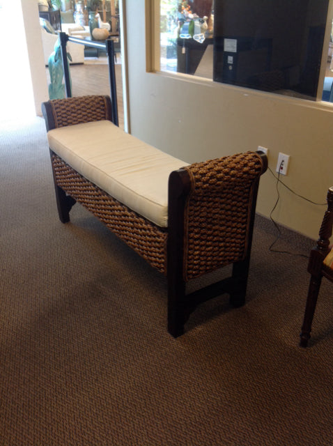 54" X 16" Seagrass & Wood Bench W/Cushion