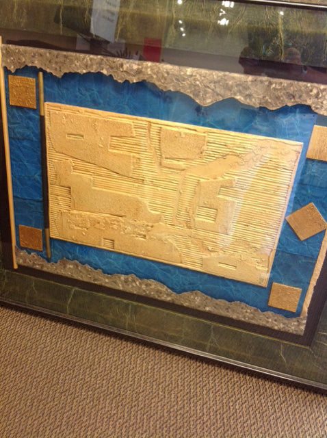 42" X 51" Blue & Gold W Green Abstract