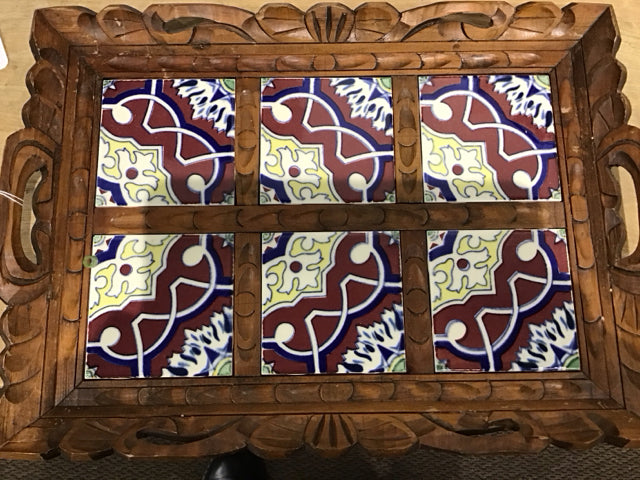 19"x13.5 Carved Wood/Tile Tray As Is
