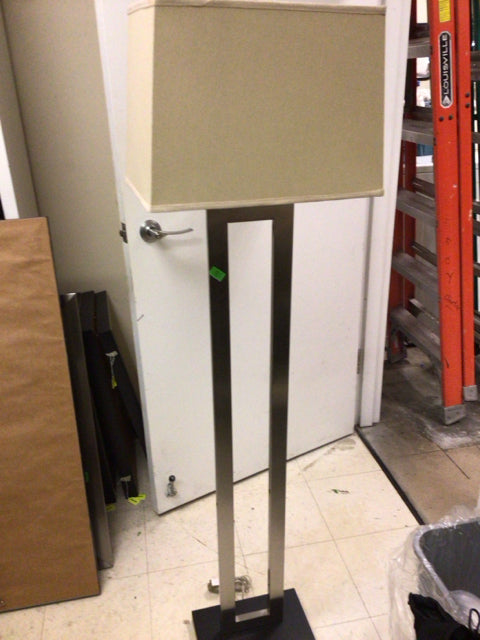 AS-IS Rectangular Chrome Metal Black Base Floor Lamp W/Shade(Base Dmg)