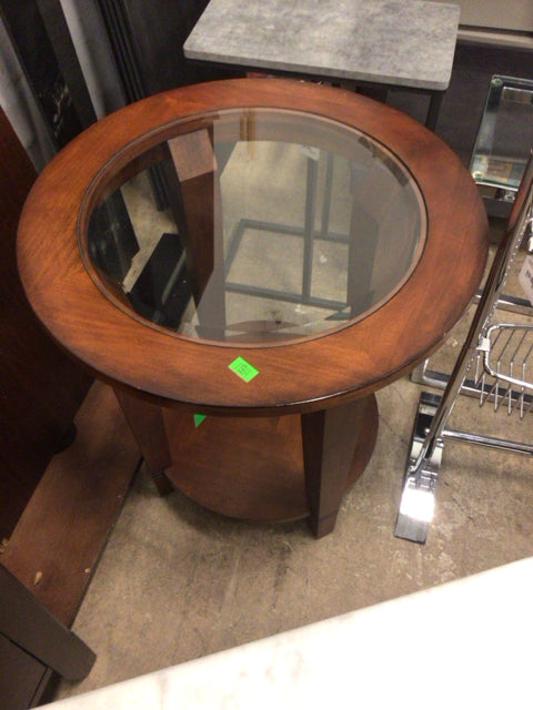 Round Wood & Beveled Glass Top End Table