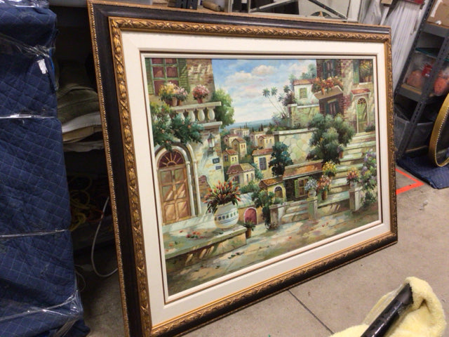 55" X 75 1/4" Italian Amalfi Coast Black/Gold Signed Oil Painting On Canvas
