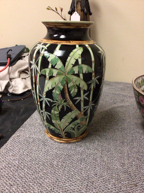 12 1/2" Palm Tree & Bammboo Painted Ceramic Vase