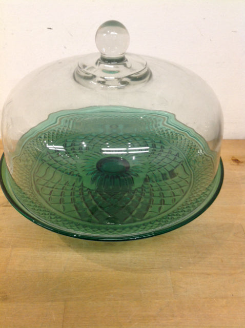 12" Green Coverd Glass Cake Stand